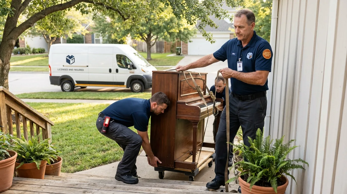 Licensed piano movers securing grand piano in Wellfleet, MA