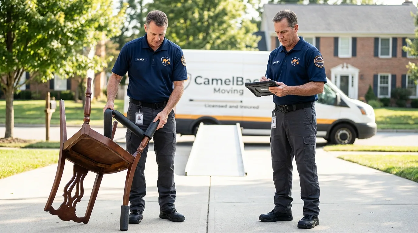 Movers inspecting furniture for damage prevention before loading in Wellfleet, MA