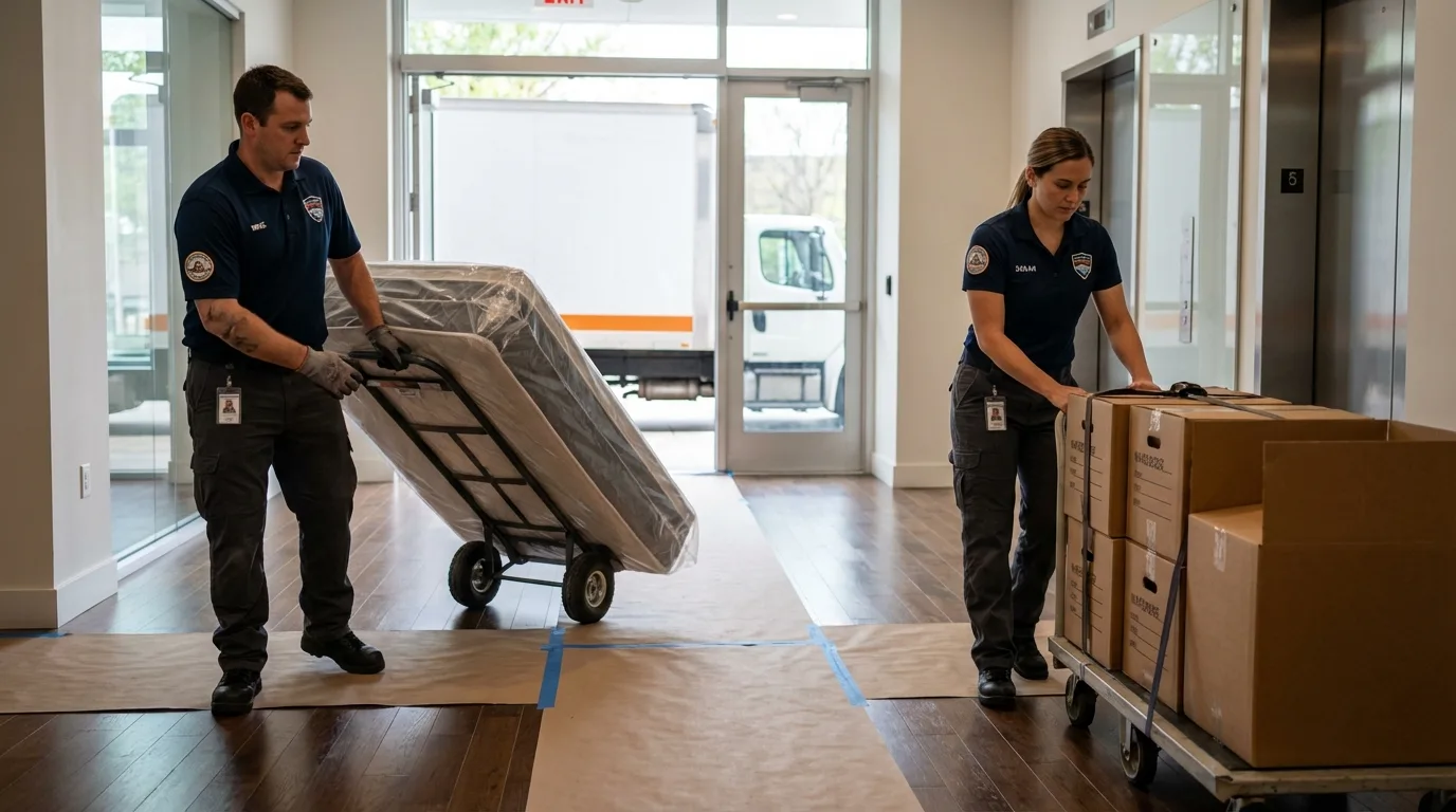 Professional apartment movers loading elevator in Wellfleet, MA